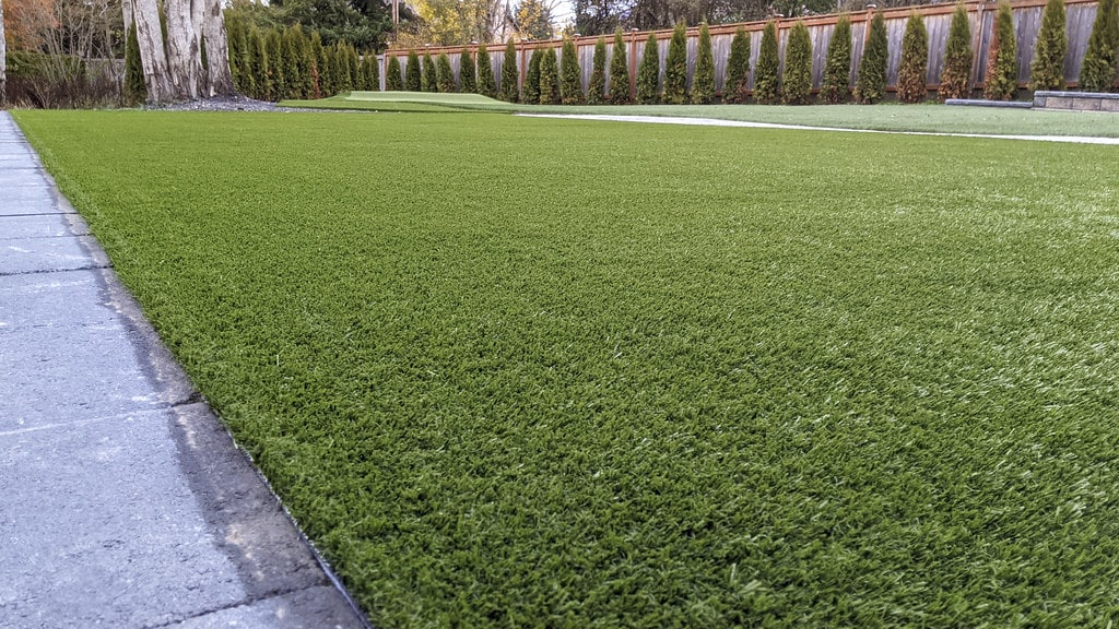 Backyard landscaping featuring ForeverLawn synthetic grass